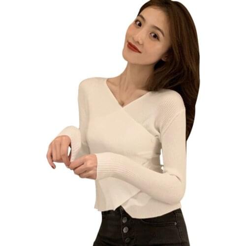 Autumn Knitted Bottoming Tops Tee Solid Color V-Neck Slim Knit Long-Sleeved Elegant Tee Shirt
