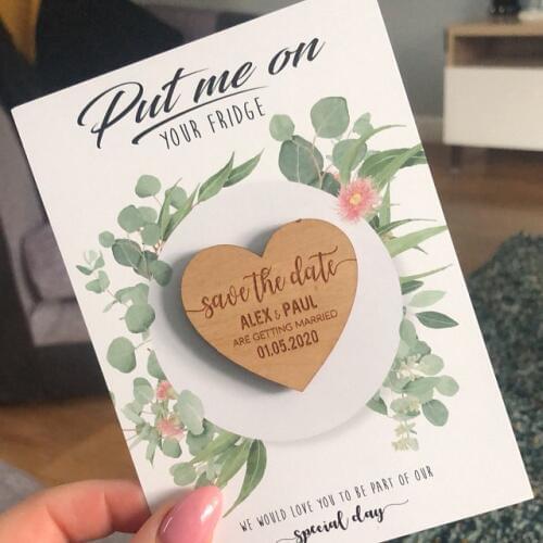 Custom wooden Botanical Save The Date Magnet with Cards, Personalised Wedding Greenery Eucalyptus Boho magnets invitations