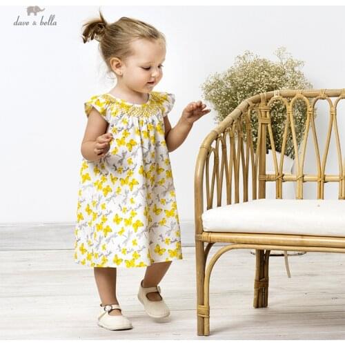 DB16843 dave bella summer baby girls cute bow cartoon print dress children fashion party dress kids infant lolita clothes
