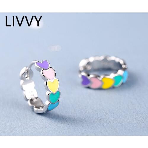 LIVVY Silver Color Korean Style Colorful Heart-shaped Earrings New Simple Trendy For Women Small Ear Hoops Fine Jewelry Gift