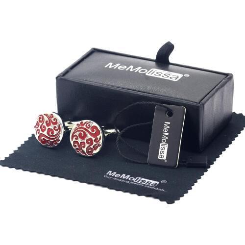 MeMolissa Display Box Cufflinks Vintage Pattern Round Cufflinks Silver with Red Enamel Plated Men Cufflink Free Tag & Wipe Cloth