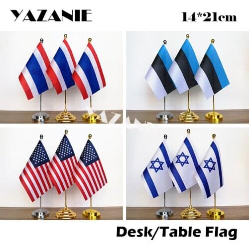 YAZANIE 14*21cm Thailand Estonia Table Flag with Metal Base & Pole American Israel USA United States of America Custom Desk Flag
