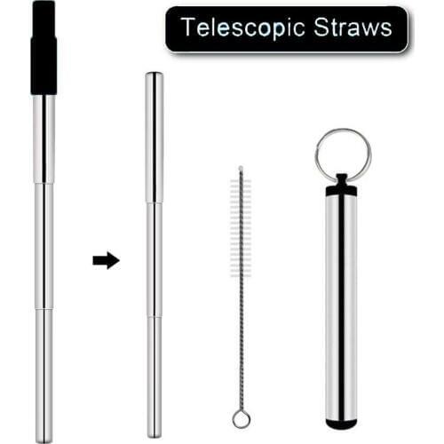 Telescopic Reusable Drinking Straws Stainless Steel Metal Straws Food-Grade Folding Straws Keychain Set with Case Cleaning Brush
