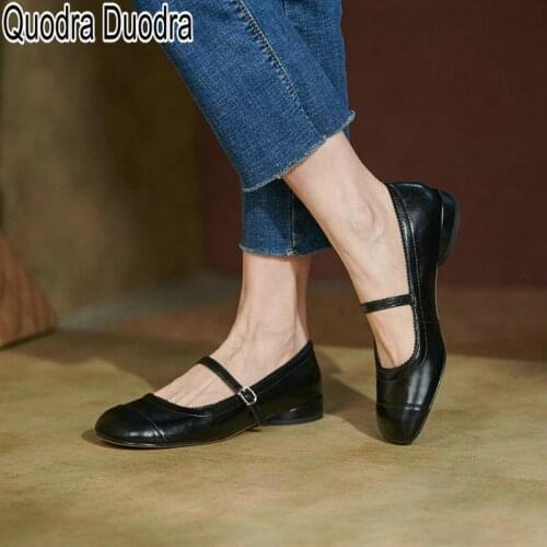 Mary Janes Shoes Genuine Leather new Women Pumps Thick Heel Chunky Round Toe solid office fashion soft ladies buckle slip-on big