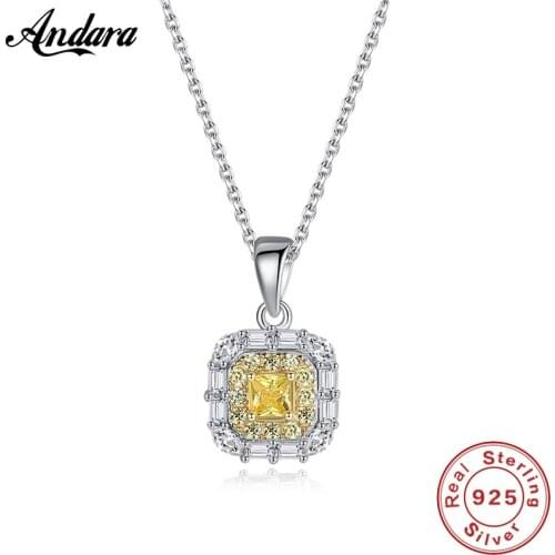 Real 100% 925 Sterling Silver Jewelry Minimalist Fashion Square Yellow Gem Pendant Necklace for Woman Wedding Party Gift