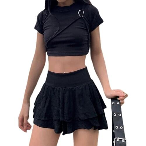 Women Summer Ruched Skirt Adults Sexy Solid Color O-ring Mini Skirt (White, Black)