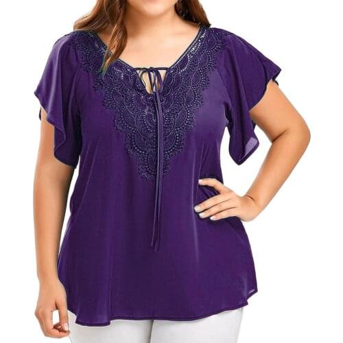 Womens Fashion Lace V-neck Solid Tshirt Lace Up Patchwork Short Sleeve Tops Fashion Hollow Out Bandage Tshirt Poleras Mujer #PY