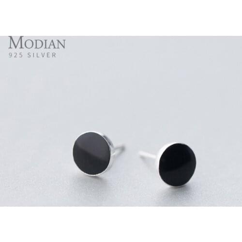 Modian Genuine 925 Sterling Silver Round Black Enamel Stud Earrings for Women Girl Fashion Classic Earrings Jewelry Gift