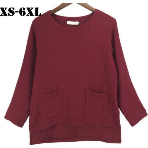 2020 Spring Autumn Tops Full Sleeve Women Tops Blouse with Pocket Fashion Casual cotton linen Blusas Body Shirt plus size S- 6X