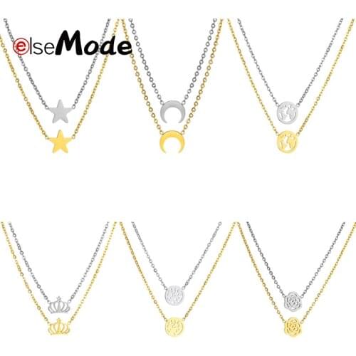 ELSEMODE Hollow Tree Flower World Map Round Pendant Necklace For Women Gift Stainless Steel Heart Star Moon Crown Choker Jewelry