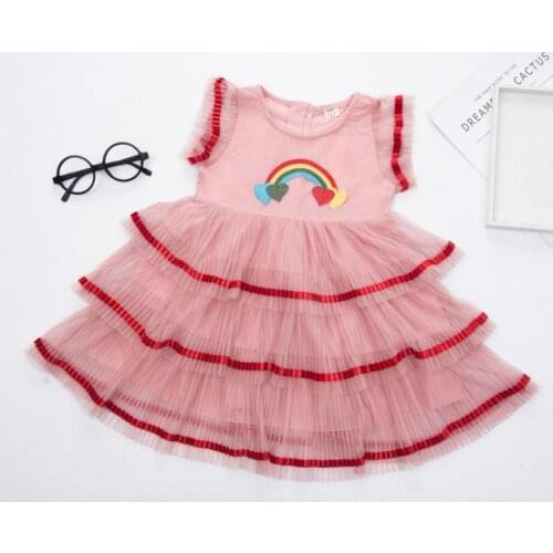 2-6 Years Girls Dress Fashion Princess Dresses For Summer Girls Casual Children Fly Sleeve Mesh Rainbow Embroidery Cake Dress