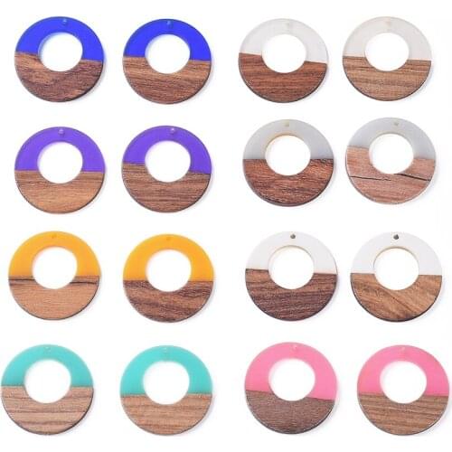16pcs/set Ring Resin Walnut Wood Pendants Two Tone DIY Craft Embellishments for Jewelry Making