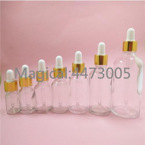 2/10pcs 5/10/15/20/30/50/100ML DIY Clear Glass Essential Oil Bottle Container with Gold Aluminum White Latex Head Dropping Cover