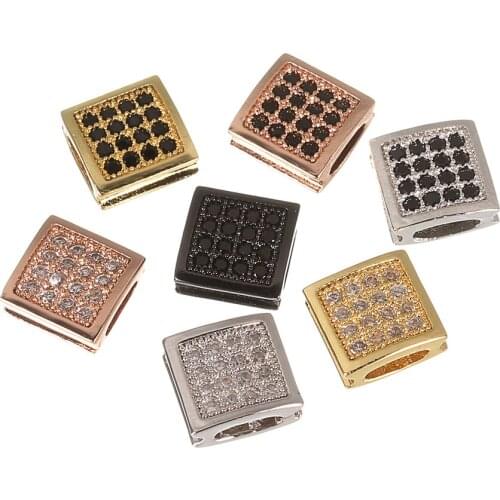 2pcs/Lot Copper Crystal Zircon Flat Square Bracelet Necklace Spacer Charm Beads Fit 5*1.5mm Wide Leather Cord Jewelry DIY