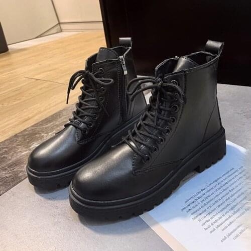 2020 winter Martin boots female British style simple lace-up ankle boots zipper plus velvet cotton leather boots shoe for women