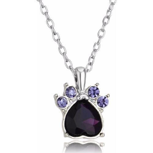 24PC/Lot Cat Paw Birth Stone Pendant Necklace Purple Crystal Rhinestone Dog Claw June Necklaces For Women Animals Lover Gifts
