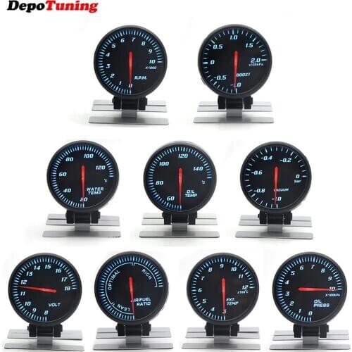 DepoTuning 2.5” 60mm boost vacuum water temp oil temp oil press voltage tachometer air fuel ratio EGT gauge black color blue Led