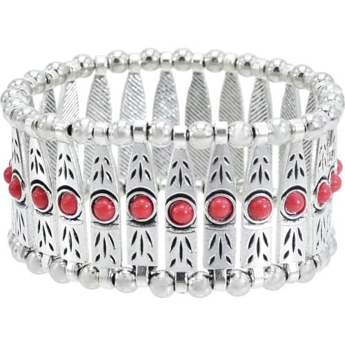 Ethnic Elastic Bracelets for Women Boho Vintage Silver Color Metal Acrylic Stone Bracelet Party Indian Gypsy Tribal Jewelry