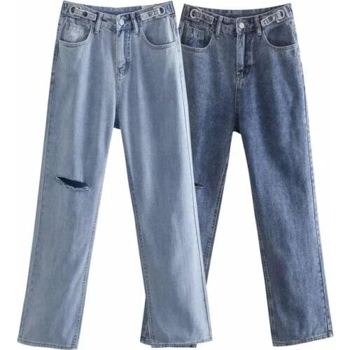 Korean Version of High-waisted Legs Long Knee Hole Wash Made Old Denim Pants DLZK690