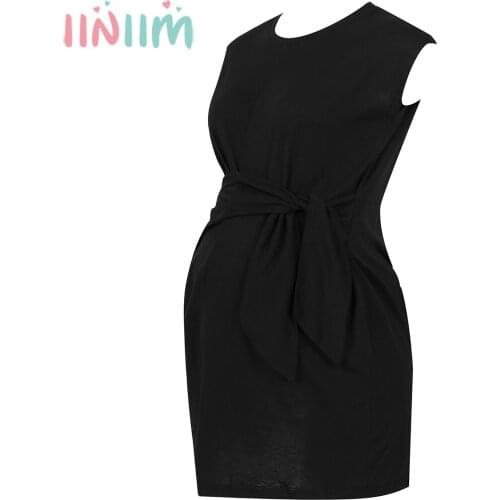 Iiniim Pregnant Womens Summer Casual Dress Sleeveless Solid Color Tie-in Waist Round Neckline Comfy and soft Pregnancy Dress