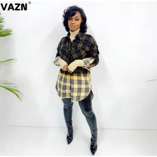 VAZN 2020 Hot Patchwork Plaid Classic High-end Young Daily Sexy Elegant Free Joker Full Sleeve Slim Women X-Long Shirts Outwears