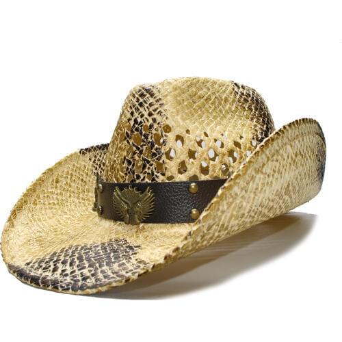 LUCKYLIANJI Vintage Womens Mens Summer Straw Beach Wide Brim Cowboy Western Cowgirl Hat Hollow Two Guns Leather Band(Adjust)