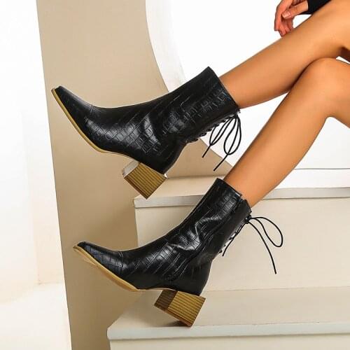 Fashion Zipper Women Western Boots Comfort Low Heel Cross Tied Ankle Boots Lady Print Square Toe Autumn Winter Shoes Woman