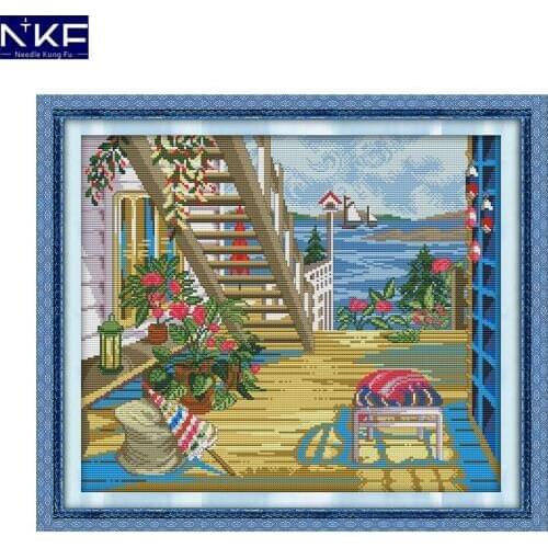 NKF The Seaside Villa Painting Printed Counted or Stamped 11CT14CT Cross Stitch Embroidery Needlework Sets for Home Decoration