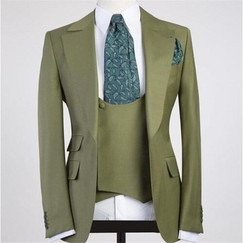 Latest Design Green Peal Lapel With One Button Men Suits 3 Pieces Costum Homme Groom Wedding Terno Masculino Slim fit Blazer