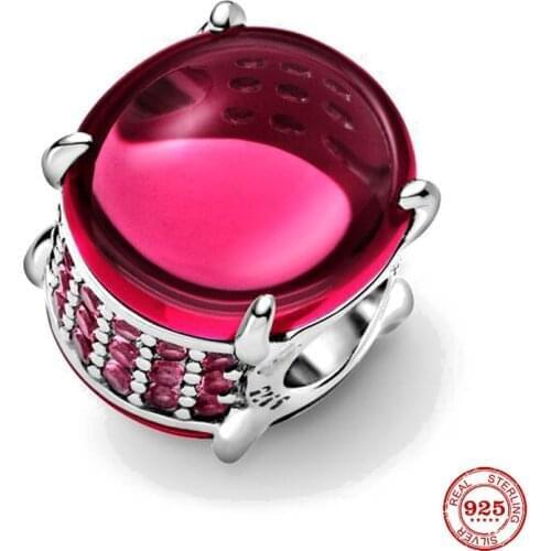 New Original Silver Color Fuchsia Rose Oval Cabochon Charm Diy Bead Charm Fit European Pandora Charms Bracelet Bangles P544