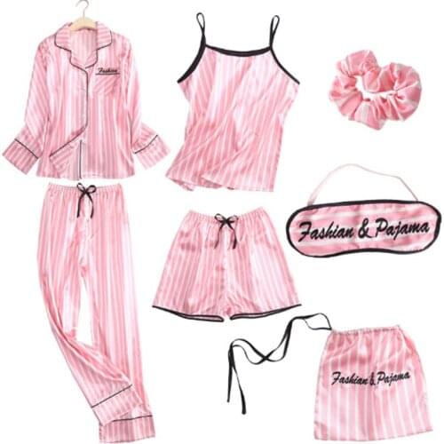 Discount new Pink Womens 7 Pieces Pajamas Sets Faux Silk Striped Pyjama Women Sleepwear Sets Spring Summer Autumn Homewear