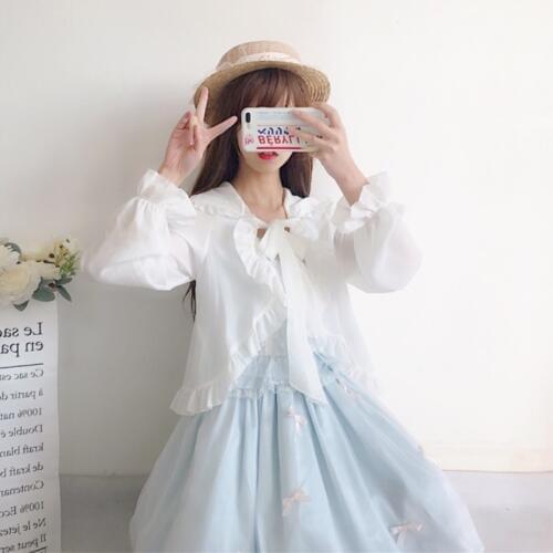 Lolita Dress Chiffon Cardigan Fairy Sister Hooded Ruffled Short Cape Coat Sun Protection Clothing Female Fairy kawaii clothing