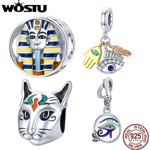 WOSTU NEW 925 Sterling Silver Zircon Egypt Lucky Guardian Pharaoh Charms Pendant Fit Bracelets Women Fashion DIY Jewelry Gift