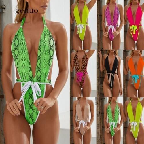 Sexy One Piece Bikini Set High Cut Women Swimwear Deep V Swimsuit Bandage Beachwear Thong Monokini Leopard Snakeskin