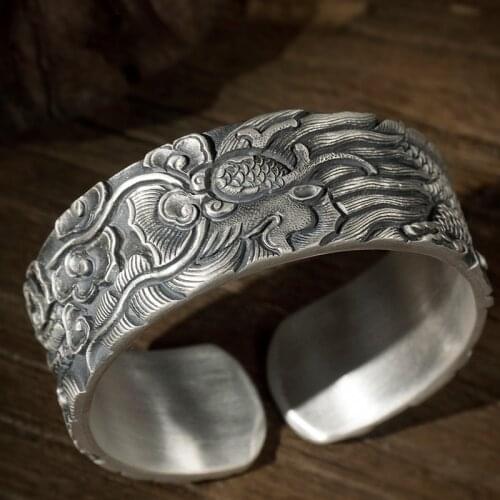 RetroSen Design Handmade Snowflake Silver Bracelet Mens Ancient Dragon Embossed Craftsmanship Jewelry Accessory