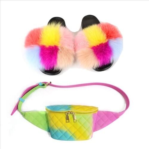 Women Fox Fur Slides Fashion Chest Bag waist Bag Cute Plush Slippers Shoes Rainbow Jelly Belt Waist Bag Home Fur Flip Flops Hot