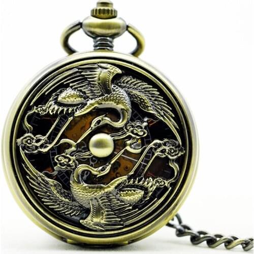 Vintage bronze dragon and phoenix carving mechanical pocket watch Roman numeral steampunk Fob Pendant Chains