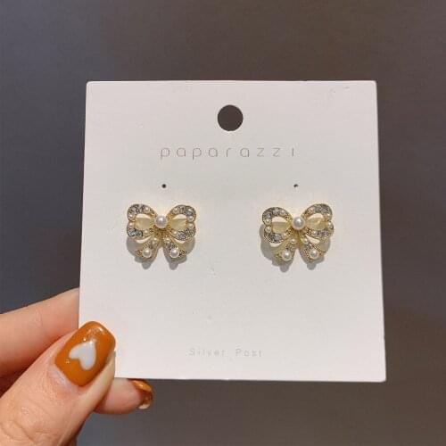 YAOLOGE 2021 New Bowknot Rhinestone Pearl Stud Earrings Trendy Cute Simple Alloy Earrings Gift For Women Fashion Party Jewelry