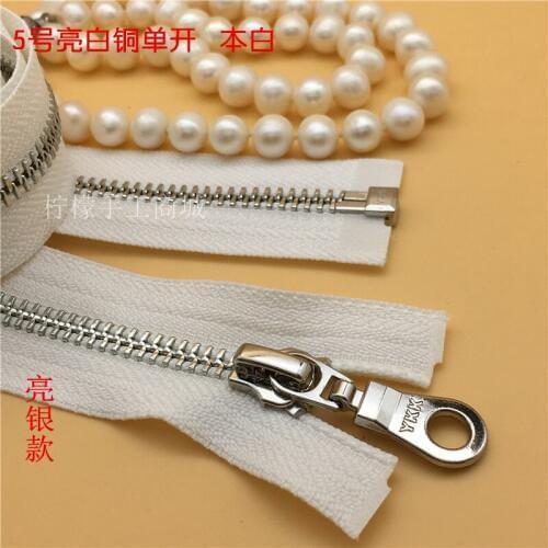 YKK5 metal bright copper-plated single open zipper 50-120cm white coat garment bright silver section