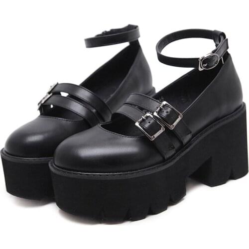 Women Lolita Gothic Shoes Monk Straps High Chunky Heels Flat Platform Heels Punk Shoes Mary Jane Ankle Strap Shoes