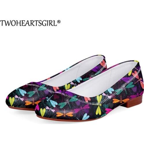 Twoheartsgirl Women Flats Colorful Dragonfly Print Loafers for Women Stylish Pu Leather Single Shoes Slip-on Shoes Footwear