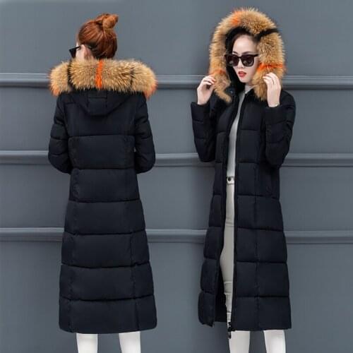 Women winter bubble coats long padded clothes fur hood black jacket puffer warm thick winter slim parkas over knee zipper
