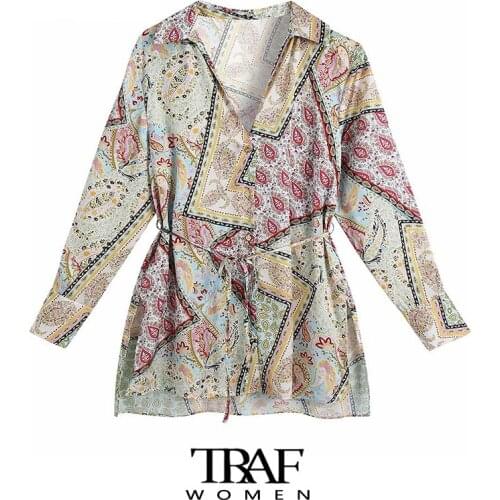 TRAF Za Women Fashion With Belt Printed Kaftan Blouses Vintage Long Sleeve Side Vents Female Shirts Chic Tops