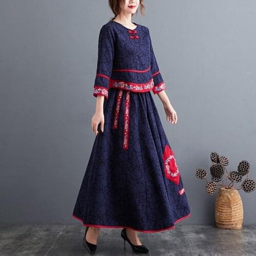 Traditional Chinese Style Clothing Women Suit Elegant Navy Blue Tops And Skirt Linen National Vintage 2 Peice Set Women 12721