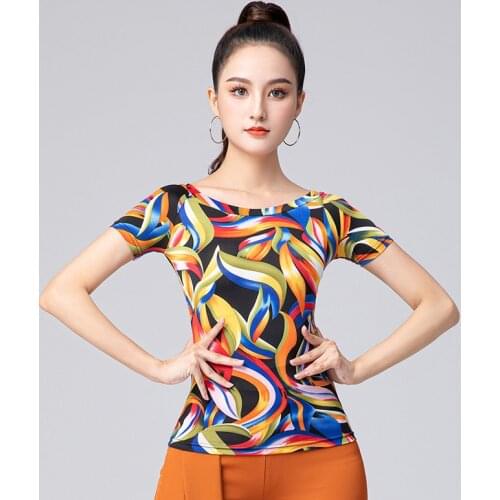 New Adult Female Half Sleeved Practice Clothes Fashion Print Latin Dance Tops Women Ballroom Dance Stage Performance Costumes