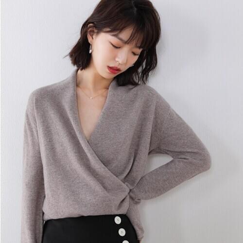 Hot Sale 100% Pure Wool Knitted Sweater Women V-neck Long Sleeve Standard Cashmere Knitwear Winter New Fashion Female Jumpers