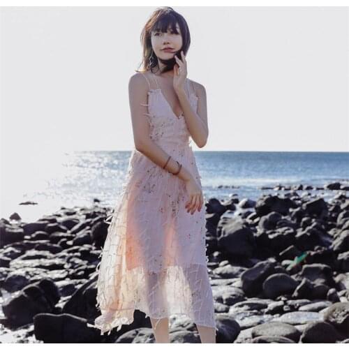 Beach Dress Women Sleeveless Spaghetti Strap V Neck Embroidery Sexy Dresses backless Mid-Calf Lace Luxury Girls Dresses