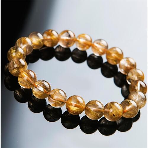 10MM Genuine Brazil Natural Yellow Golden Rutilated Quartz Crystal Clear Round Bead Charm Stretch Bracelet