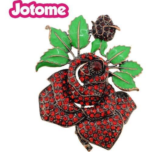 100pcs/lot For Women Birdal Girl Prom Jewelry Red Rose Crystal Enamel Flower Pin Brooch