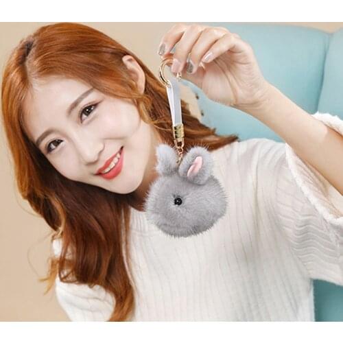 Cute Jewelry Pendant Mink Fur Keychain Pendant Bag Car Charm Tag Fluffy Bunny Rabbit Keychain Toy Fur Pom Pom Keychains